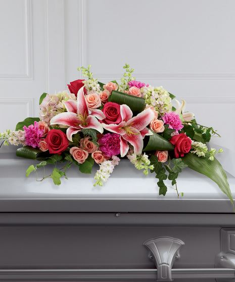 Casket Spray of Mixed Flowers in Mostly Pink Hues