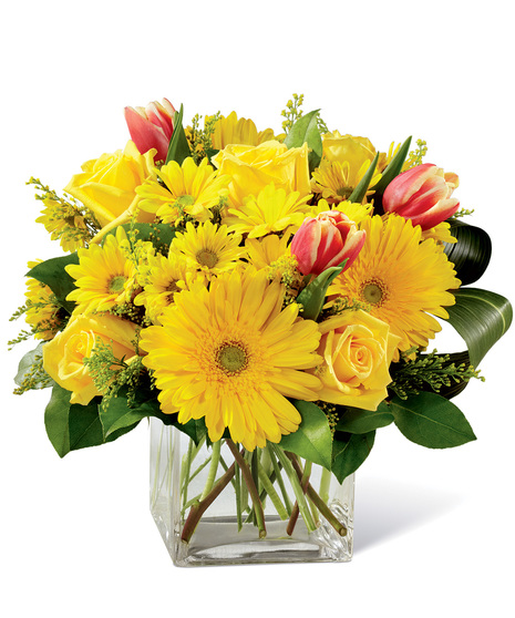 Spring flowers in a cube vase