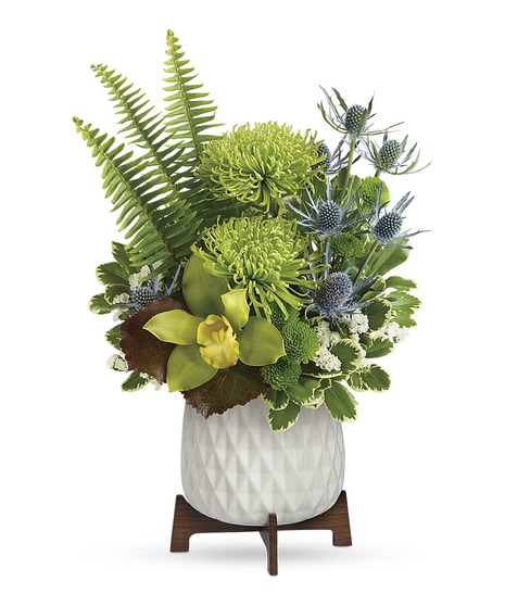 Green Flowers and Orchids in Contemporary Vase