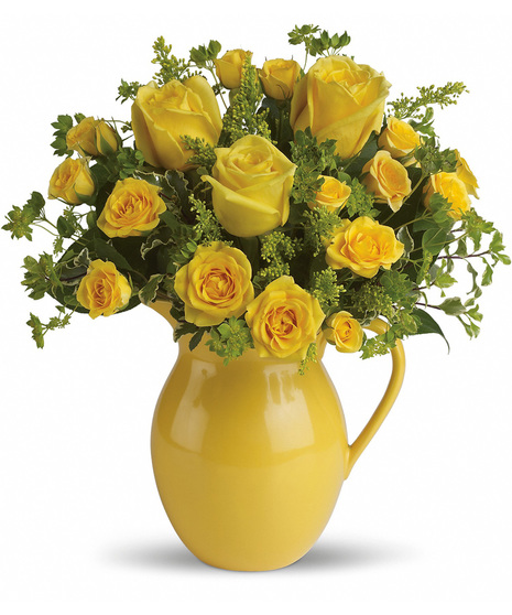 Yellow Roses and Spray Roses in a Yellow Pitcher