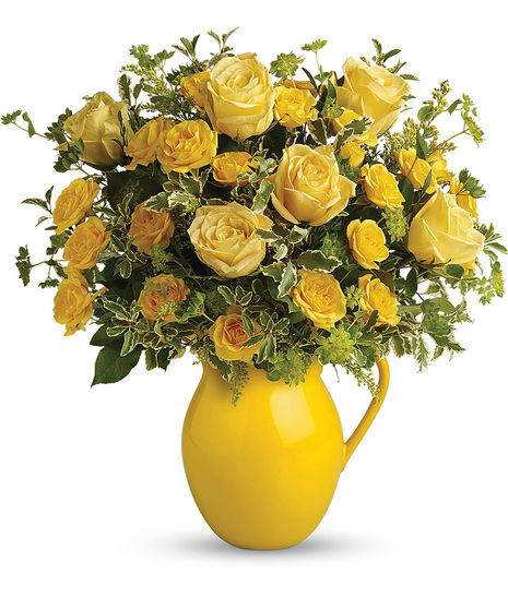Yellow Roses and Spray Roses in a Yellow Pitcher