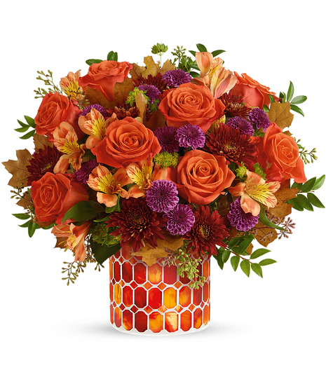 Colourful Fall Flowers in a Mosaic Cylinder Vase
