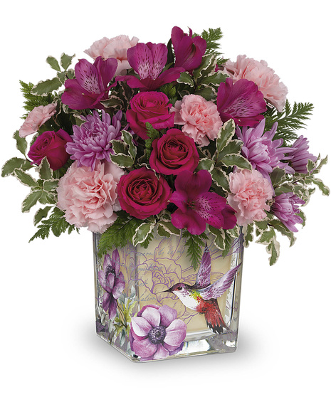 Pink, purple and lavender bouquet in hummingbird vase