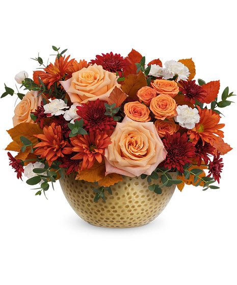 Fall flowers in metal keepsake bowl