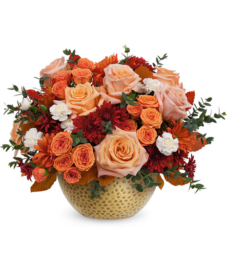 Fall flowers in metal keepsake bowl