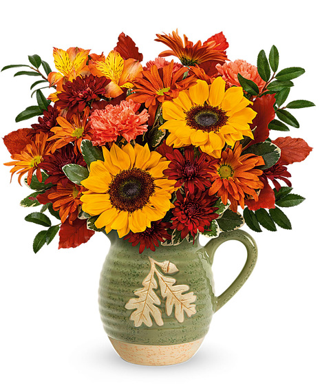 Autumn flowers in a reusable foodsafe pitcher
