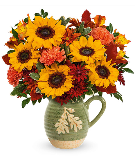 Autumn flowers in a reusable foodsafe pitcher