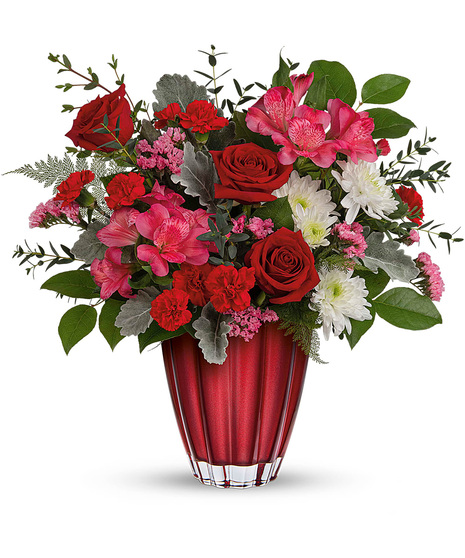 Pink, Red & White Flowers in a Red Vase