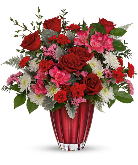Pink, Red & White Flowers in a Red Vase