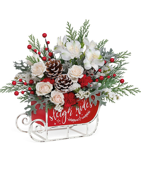 Christmas flowers arranged in a holiday sled