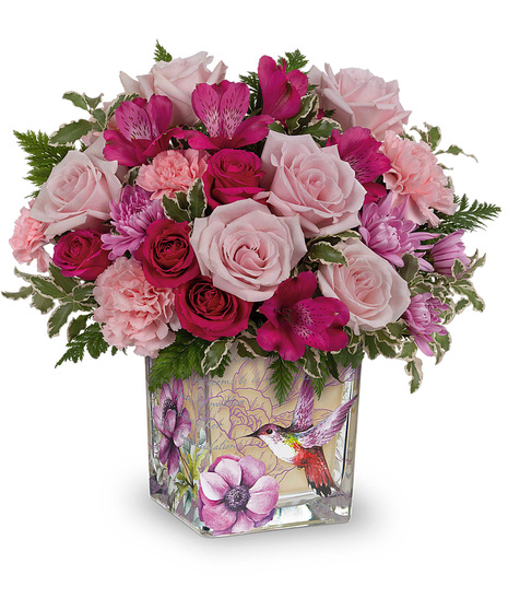 Pink, purple and lavender bouquet in hummingbird vase