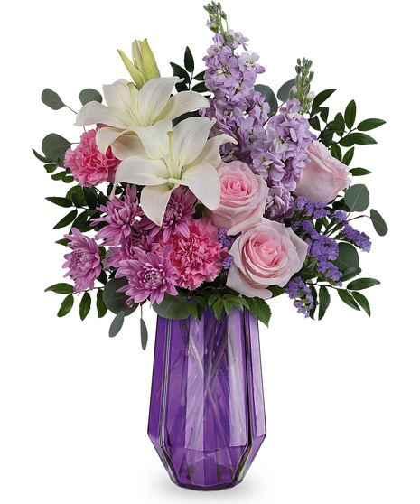 Rose and lily bouquet in a Lavender Whimsy vase