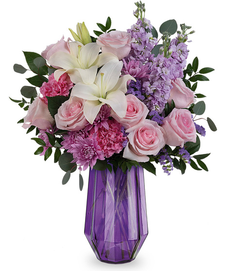 Rose and lily bouquet in a Lavender Whimsy vase