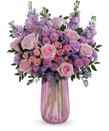 Pink and lavender flowers in a keepsake Iridescent Delight vase