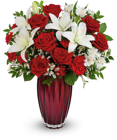 White and red flowers in a  Modern Devotion vase