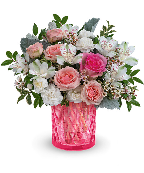 Lovely pink and white flowers in a Vintage Elegance cylinder