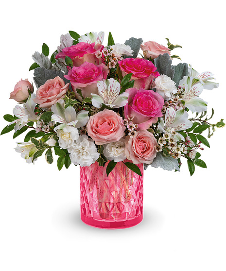 Lovely pink and white flowers in a Vintage Elegance cylinder