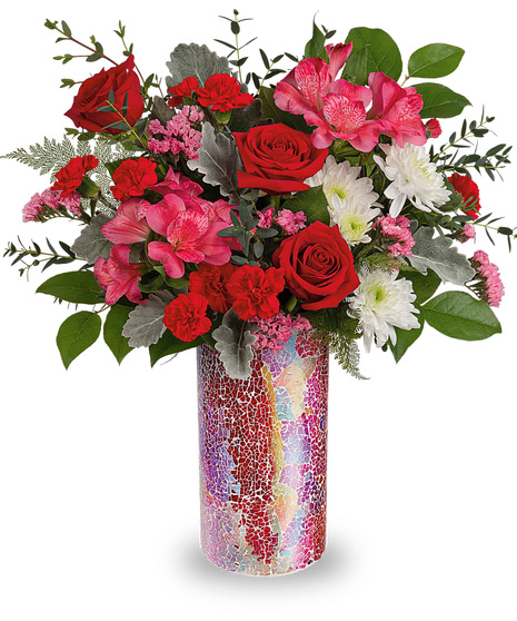 Romantic flowers arranged in a Love Sparkles vase