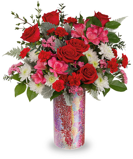 Romantic flowers arranged in a Love Sparkles vase