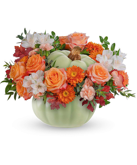 Sage Ceramic Pumpkin Floral Arrangement With Roses