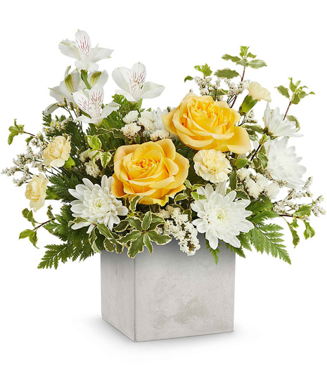 White, yellow and green arrangement designed in white cube.