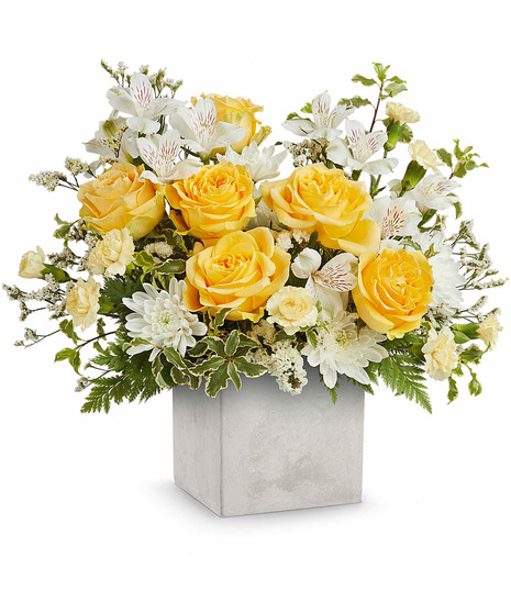 White, yellow and green arrangement designed in white cube.