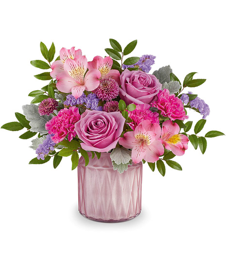 Flower arrangement with pink tones in a Dazzling Gem Jar.