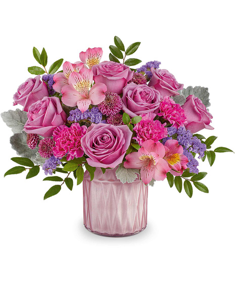 Flower arrangement with pink tones in a Dazzling Gem Jar.