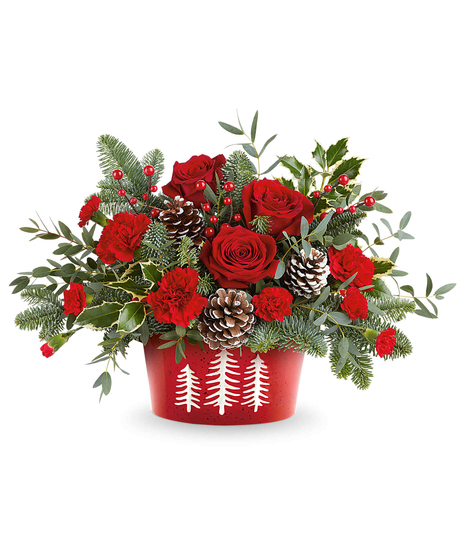 Winter Whimsy Centerpiece with red roses, red carnations, red miniature carnations, evergreens, eucalyptus, holly, and frosted pine cones in a snowy pines dish.