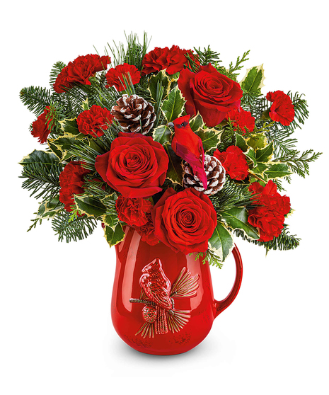 Scarlet Melody Christmas arrangement with red carnations, evergreens, holly, and noble fir in a cardinal pitcher