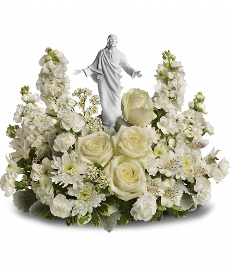 White Sympathy Flowers with Jesus Sculpture Keepsake