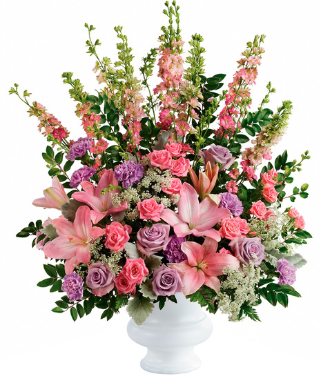 Pink and lavender sympathy flower arrangement