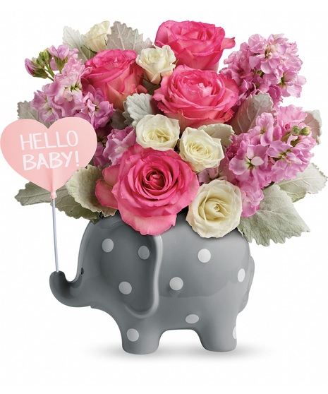Pink Baby Girl Flowers In Ceramic Elephant with Polka Dots