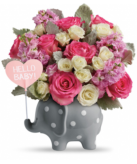 Pink Baby Girl Flowers In Ceramic Elephant with Polka Dots