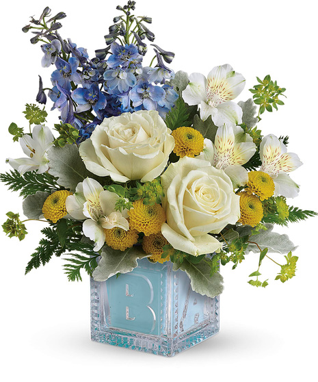 New Baby Flowers in a Blue Baby Block Keepsake