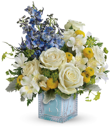 New Baby Flowers in a Blue Baby Block Keepsake