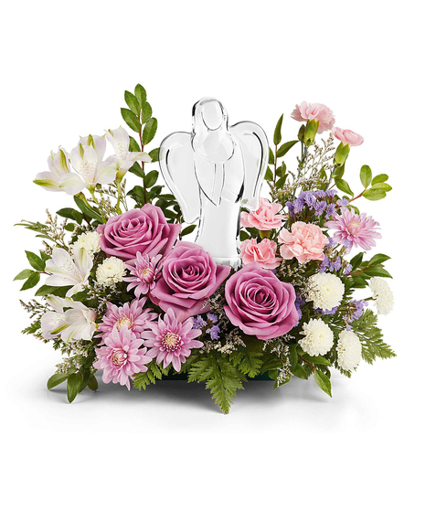Lavender and pink sympathy flower arrangement with crystal angel keepsake