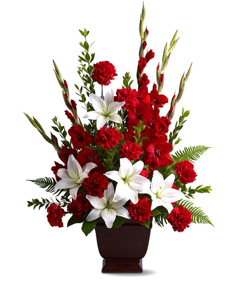 Red and White Funeral Floral Tribute in Urn Vase