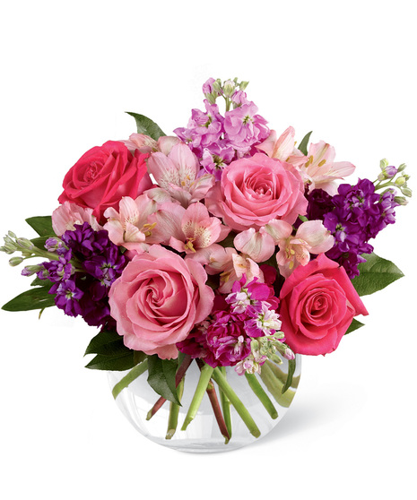 Pink and Purple Flowers in a Glass Bowl
