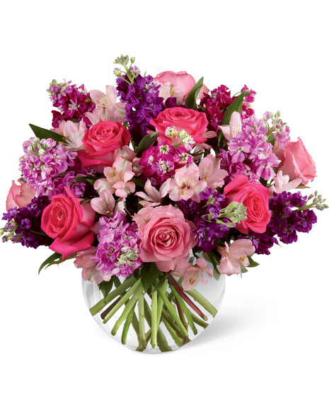 Pink and Purple Flowers in a Glass Bowl