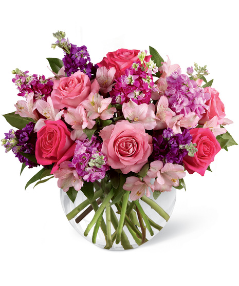 Pink and Purple Flowers in a Glass Bowl