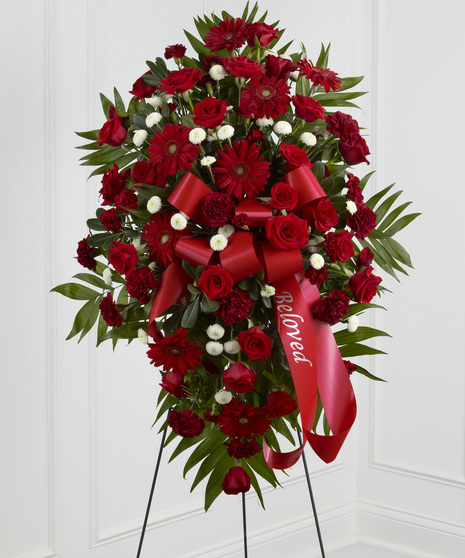 Standing Funeral Spray of Red and White Flowers