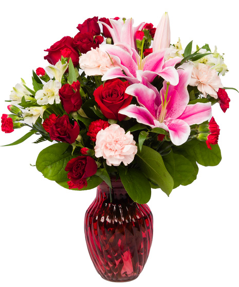 Red vase of red roses, carnations and stargazer lilies