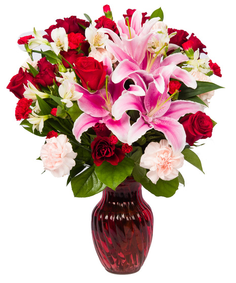 Red vase of red roses, carnations and stargazer lilies