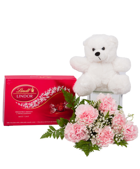 Pink carnations with chocolates and teddy bear