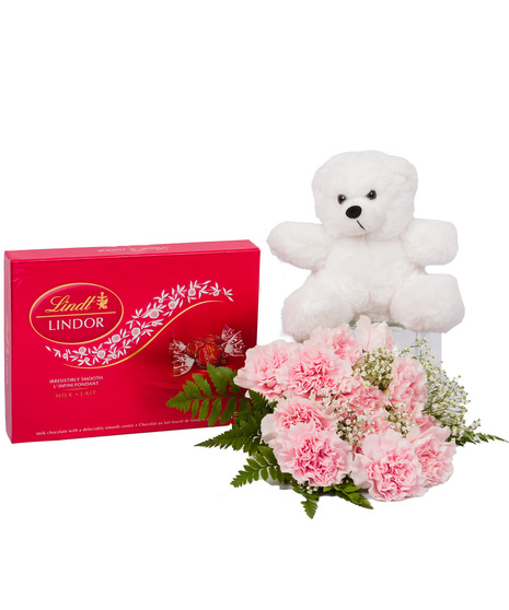 Pink carnations with chocolates and teddy bear