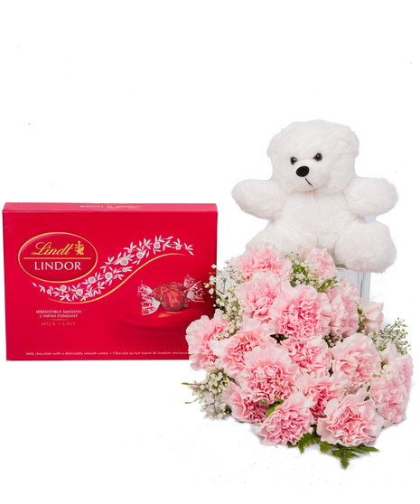 Pink Carnations, Chocolates & Teddy Bear