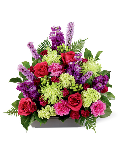 Green, Pink and Purple Funeral Flowers Arranged