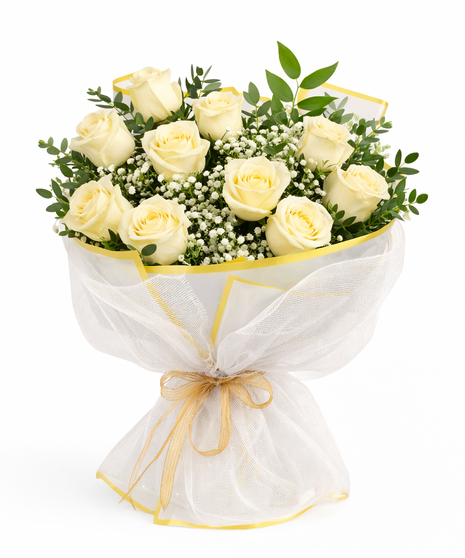 Hand wrapped bouquet of 12 white Vendela roses with baby's breath, parvifolia, Italian ruscus, and elegant white wrapping