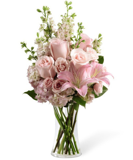 Roses, Lilies & Larkspur in a Glass Vase